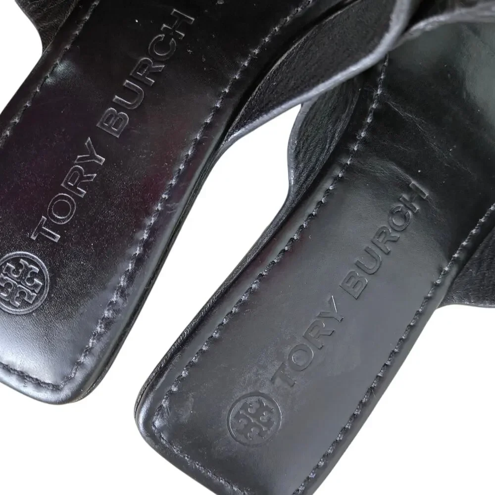 Tory Burch Georgia Sandal Black Thong Square Toe Flats Double T Logo Medallion 9